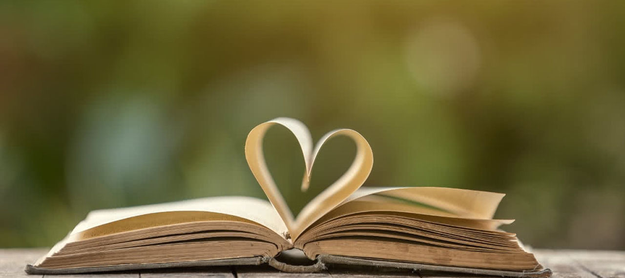 An image of an open book which has the middle pages arranged in a shape of a heart